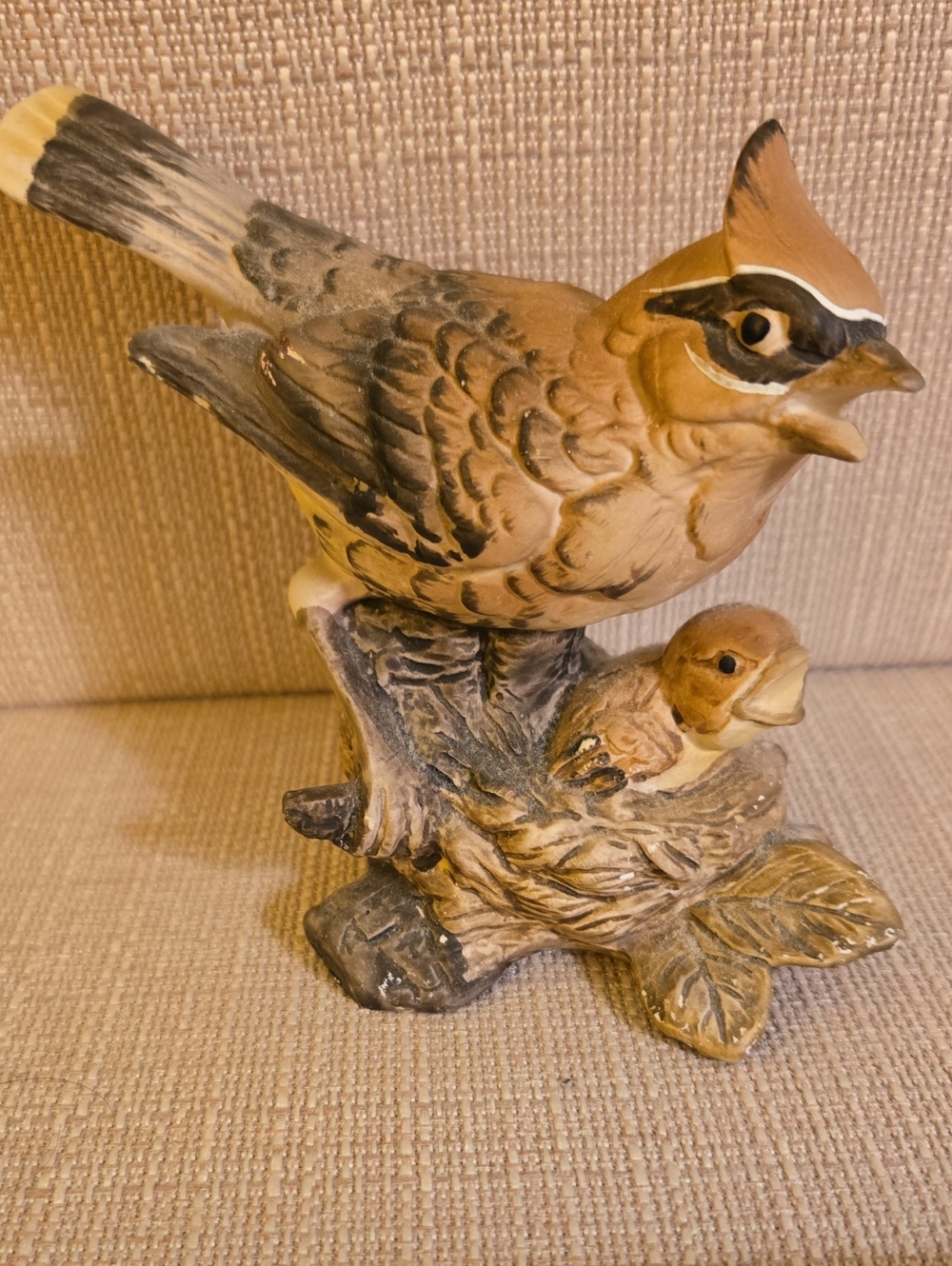 Hand-Painted Waxwing With Babybird Figurine By Angeline Originals